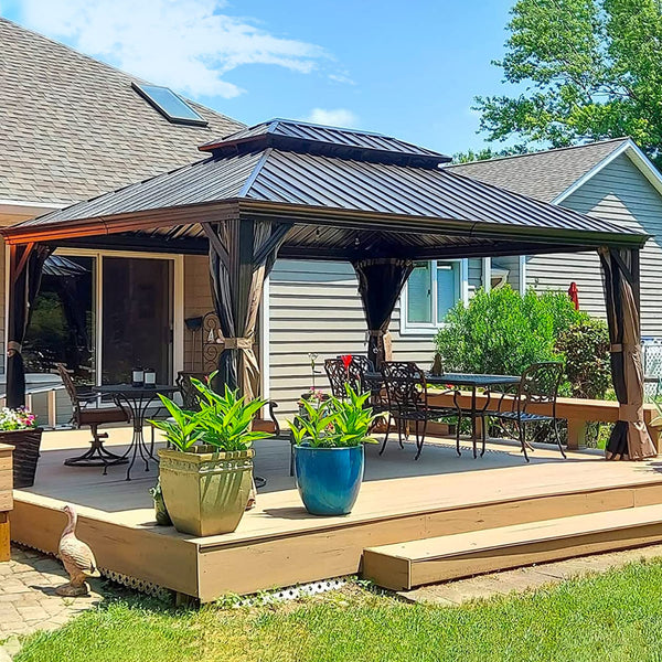 English Elm 12' X 16' Hardtop Gazebo - Durable Aluminum Frame With Double Canopy, Curtains & Netting For Patios W1859S00166