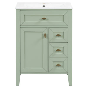 English Elm "24'' 24 Inch Glossy Freestanding Bathroom Vanity with Gold Hardware and Soft Close Storage Green Rubberwood N725P448529F