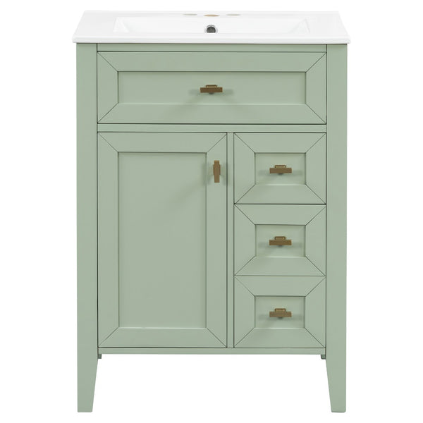 English Elm "24'' 24 Inch Glossy Freestanding Bathroom Vanity with Gold Hardware and Soft Close Storage Green Rubberwood N725P448529F