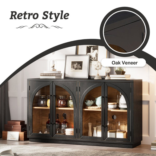 English Elm Trexm Arched Glass Door Buffet Sideboard Oak Veneer Storage Cabinet for Dining Room Black XW000021AAB-2026