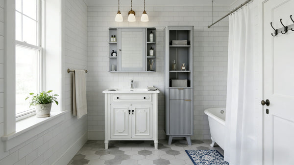 English Elm 68" Tall Fluted Freestanding Storage Cabinet with Drawer and Adjustable Shelf for Bathroom Gray N817P375218G