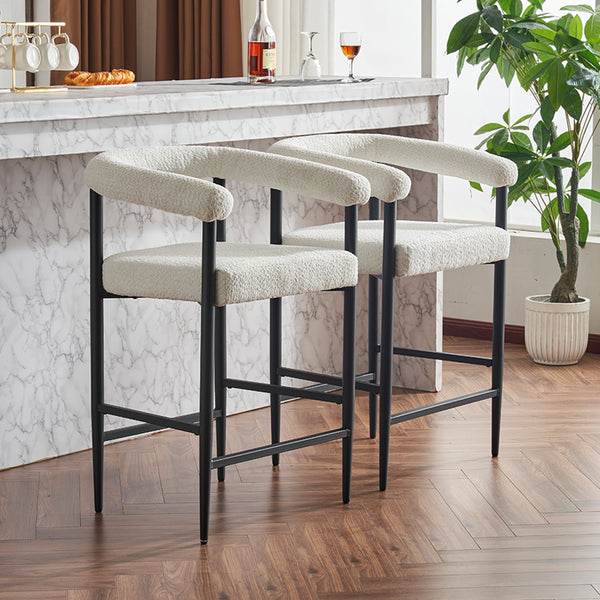 English Elm Modern Upholstered Bar Stools with Boucle Fabric and Armrests, Sturdy Metal Frame, Ergonomic Comfort White W1901P264274