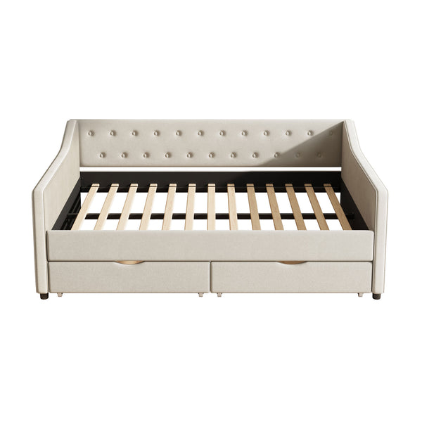 English Elm Full Size Upholstered Daybed With Storage Drawers - Elegant Tufted Sofa Bed In Beige For Versatility W2336S00034