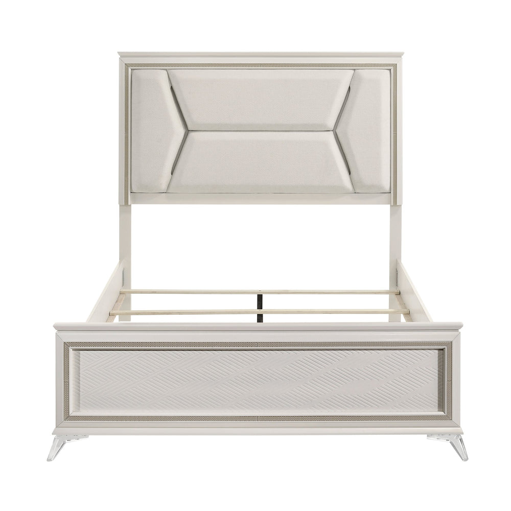 English Elm 1pc Chenille Upholstered Queen Headboard with LED Lighting, Modern Luxury Bed Frame in Antique White Gold Finish B011S01547