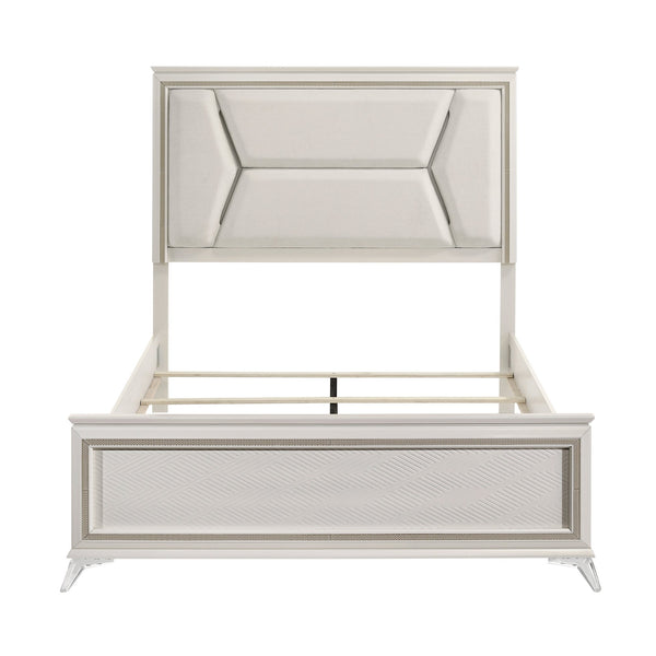 English Elm 1pc Chenille Upholstered Queen Headboard with LED Lighting, Modern Luxury Bed Frame in Antique White Gold Finish B011S01547