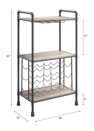 English Elm Brantley Industrial Wood and Metal Three Tier Wine Rack with Integrated Glass Holder B2726P256296