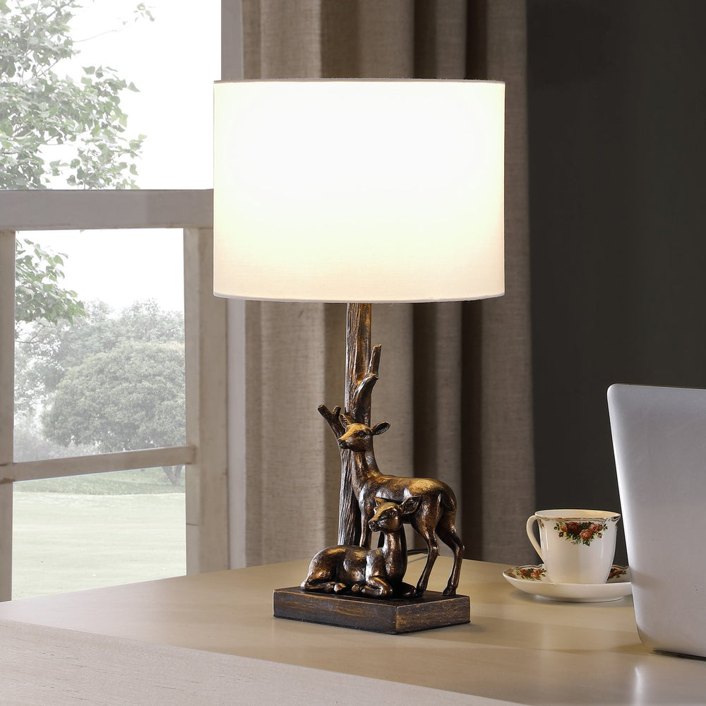 English Elm 19.75" Capreolus Bronze Polyresin Table Lamp with Duo Roe Deer, White Cotton Drum Shade, 19.5" tall B072P222438