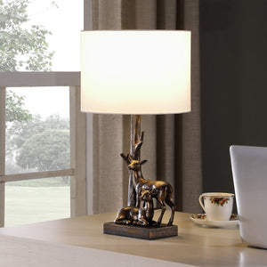 English Elm 19.75" Capreolus Bronze Polyresin Table Lamp with Duo Roe Deer, White Cotton Drum Shade, 19.5" tall B072P222438