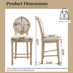 English Elm French Country 26'' Bar Chairs Set Of 2, Upholstered Comfort With Round Back, Vintage Elegance, Beige W3426P324574