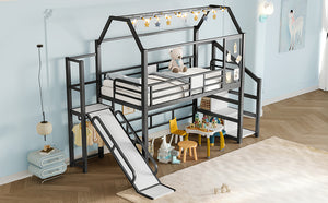 English Elm Twin House Loft Bed with Slide and Stairs, Metal Playhouse with Storage Shelves and Quiet Design Black W1580S00348