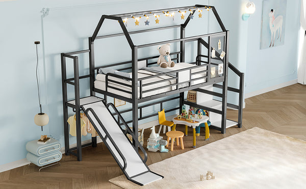 English Elm Twin House Loft Bed with Slide and Stairs, Metal Playhouse with Storage Shelves and Quiet Design Black W1580S00348