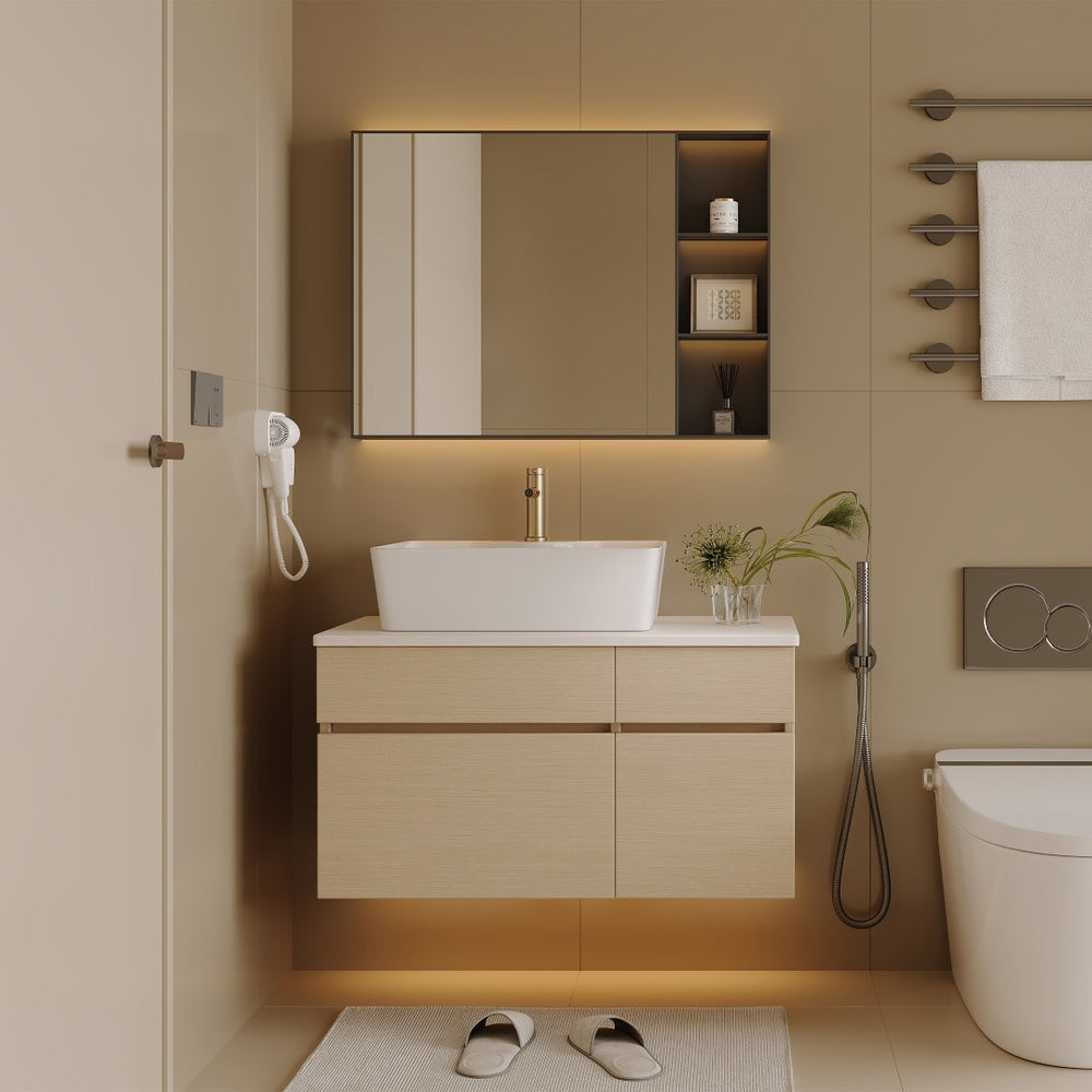 English Elm 31.5 Inch Wall Mounted Bathroom Vanity with Ceramic Vessel Sink and Soft Close Storage W3136S00079