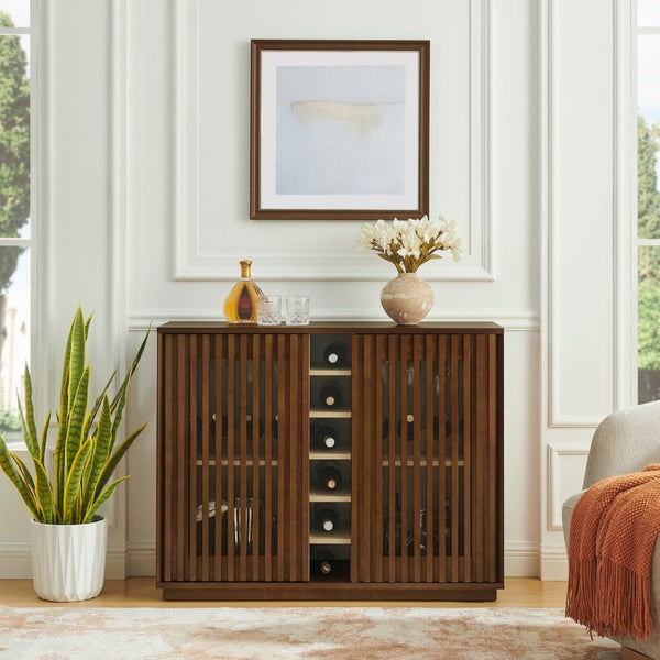 English Elm Mid Century Fluted Buffet Sideboard with Integrated Wine Rack and Glass Holder Storage Walnut W1801P454196