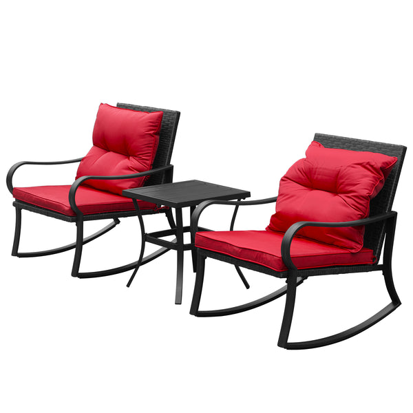 English Elm Metal Outdoor 2-Person Rocking Patio Set with Handwoven Wicker, Plush Cushions & Sturdy Table Red W1859P399566