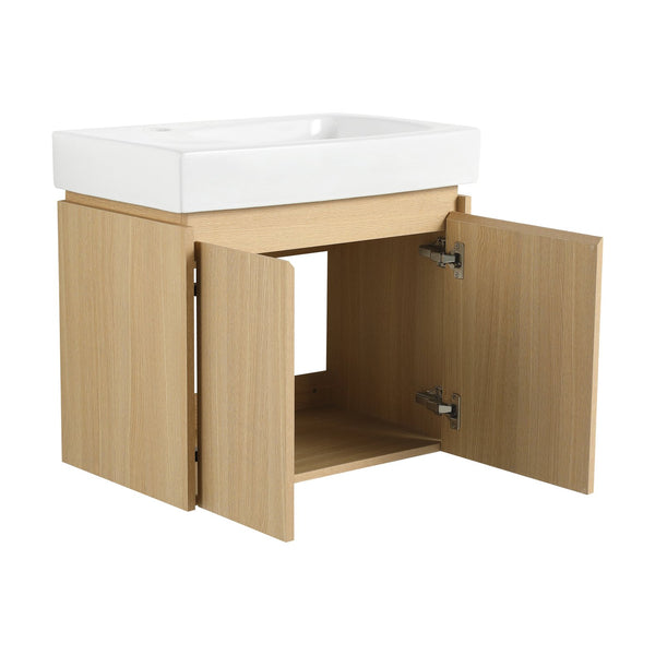 English Elm 24 Inch Bathroom Vanity Floating Ceramic Basin Sink Combo with Double-Door Wall-Mounted Storage Cabinet Durable Engineered Wood Modern Design Oak W1972P190341