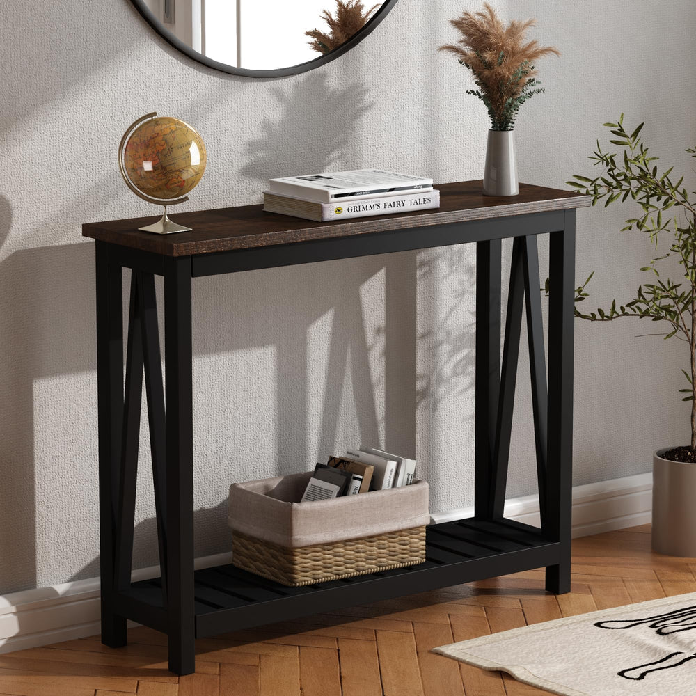 English Elm 40" Farmhouse Console Table - Rustic Black Narrow Sofa Table For Entryway, Living Room, Hallway Charm T3771P356088