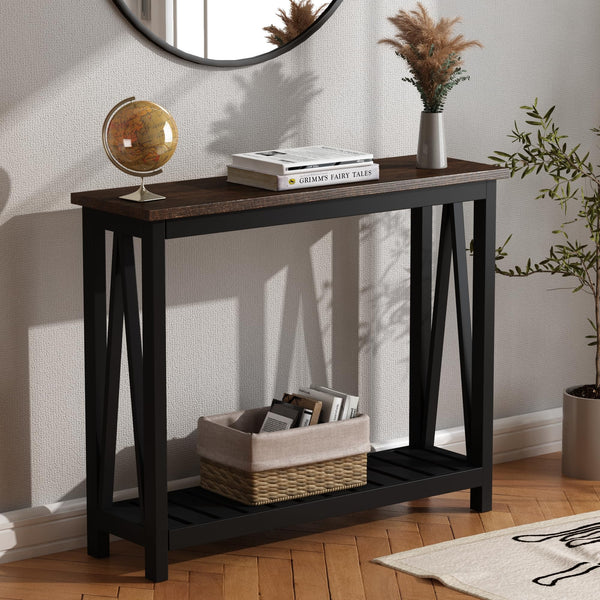 English Elm 40" Farmhouse Console Table - Rustic Black Narrow Sofa Table For Entryway, Living Room, Hallway Charm T3771P356088