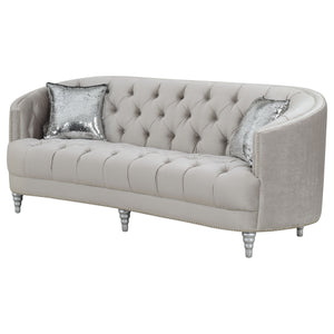 English Elm Dolby Grey Velvet Tufted Sofa with Chrome Nailhead Trim and Silver Turned Legs — 87"L Modern Luxe B062P357805