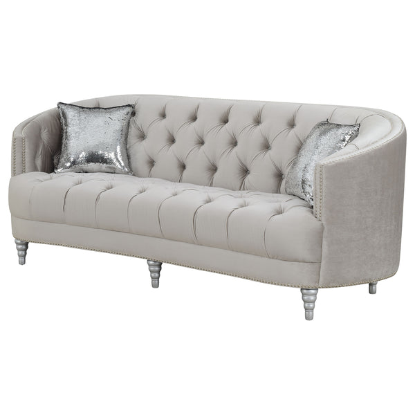 English Elm Dolby Grey Velvet Tufted Sofa with Chrome Nailhead Trim and Silver Turned Legs — 87"L Modern Luxe B062P357805