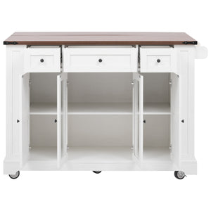 English Elm K&K 53" Farmhouse Kitchen Island with Drop Leaf, Tempered Glass Doors, Power Outlet, Rolling Cart White N707P263637W
