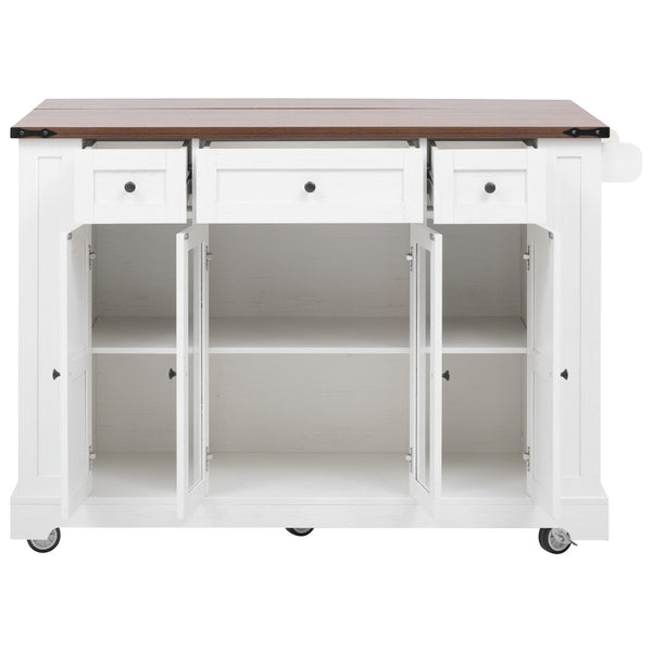 English Elm K&k Farmhouse Rolling Kitchen Island with Drop Leaf Tempered Glass Drawers and Power Outlet White N707S263637W