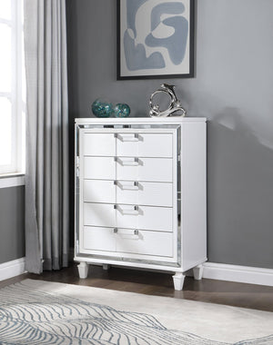English Elm Genoa Five Drawer Chest Art Deco White Lacquer Mirror Trim Chrome Bedroom Storage B078P497936