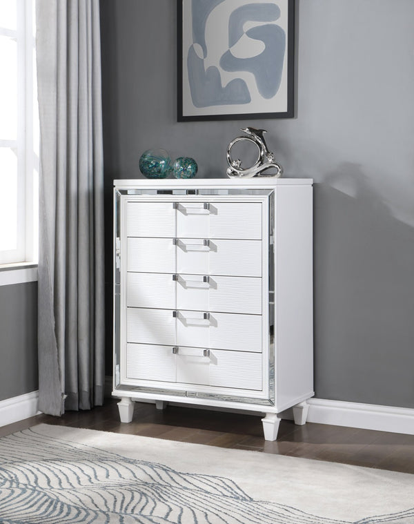 English Elm Genoa Five Drawer Chest Art Deco White Lacquer Mirror Trim Chrome Bedroom Storage B078P497936