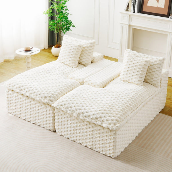 English Elm White Turtle Velvet Double Chaise Lounge - Plush Modular Sofa With Compressed Sponge & Pillows W3371S00038-GIGA