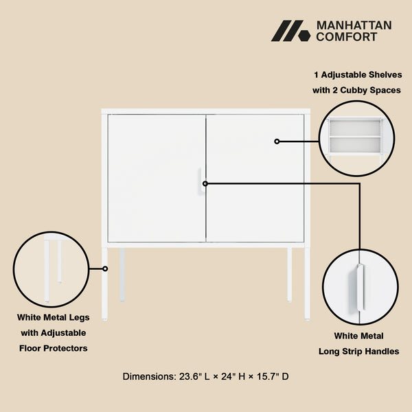 English Elm Ava Steel Accent Cabinet 24" — Contemporary Metal Storage with Adjustable Shelf, Slim Minimalist Design White B365P397878