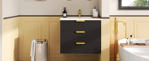English Elm 24inch Bathroom Vanity with Ceramic Basin Sink, Wall-Mounted Double Drawer Cabinet for Small Baths Black N710P324097B