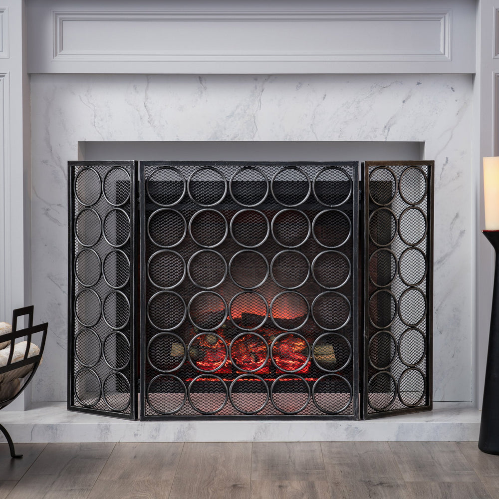 English Elm Christopher Knight Home® - FIRE Three-Panel Iron Firescreen Black Silver — Foldable Mesh Spark Guard with Chic Circular Pattern, 30" H 65179.00BLKSILV