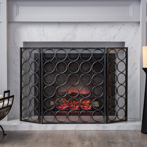 English Elm Christopher Knight Home® - FIRE Three-Panel Iron Firescreen Black Silver — Foldable Mesh Spark Guard with Chic Circular Pattern, 30" H 65179.00BLKSILV