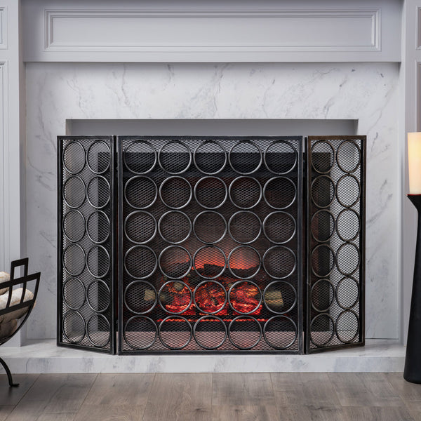 English Elm Christopher Knight Home® - FIRE Three-Panel Iron Firescreen Black Silver — Foldable Mesh Spark Guard with Chic Circular Pattern, 30" H 65179.00BLKSILV