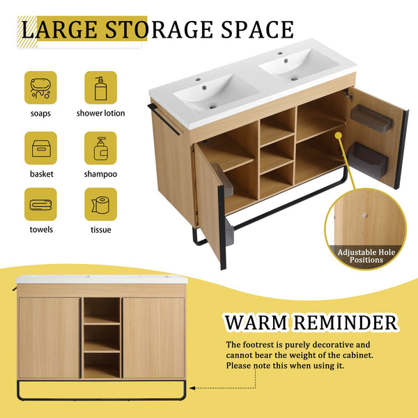 English Elm 48" Freestanding Bathroom Vanity With Resin Double Sink, Soft-Close Doors & Open Storage For Modern Style W999S00479