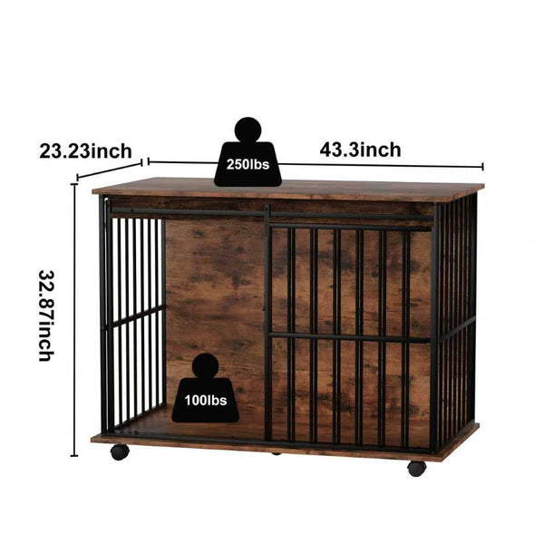 English Elm Dog Crate Furniture Console Table Style Walnut Wood Mdf Top Steel Bar Enclosure Walnut+Black W420P302345