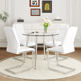 English Elm A Modern Minimalist Round Transparent Tempered Glass Table With Silver Metal Legs and 4 Modern Pu Leather High-Backed Dining Chairs For A Luxurious Experience.