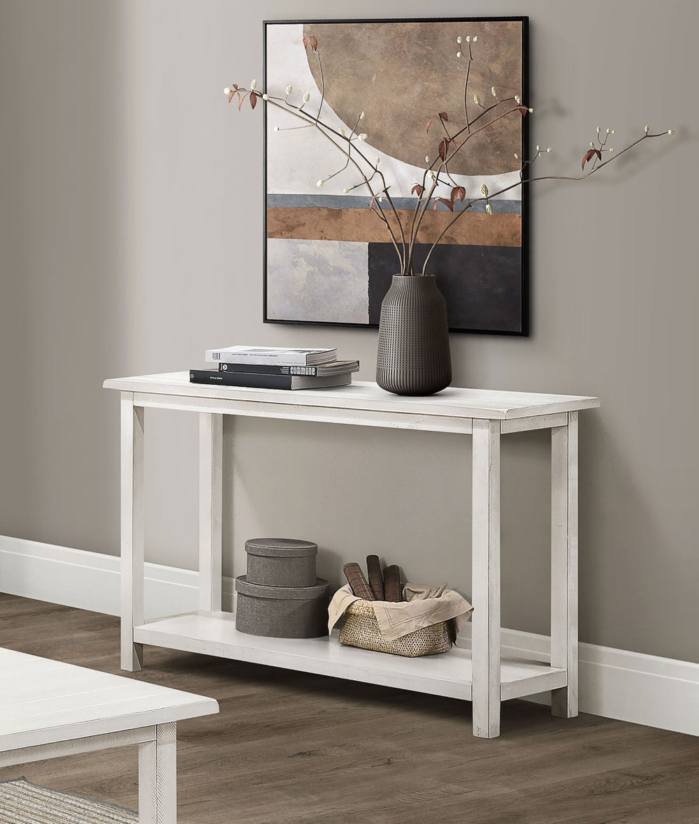 English Elm Wood Pine Console Table Weathered Farmhouse Finish with Open Shelf for Entryway White B016P472790
