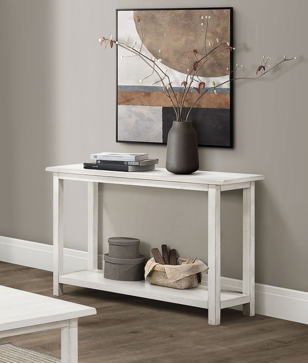 English Elm Wood Pine Console Table Weathered Farmhouse Finish with Open Shelf for Entryway White B016P472790