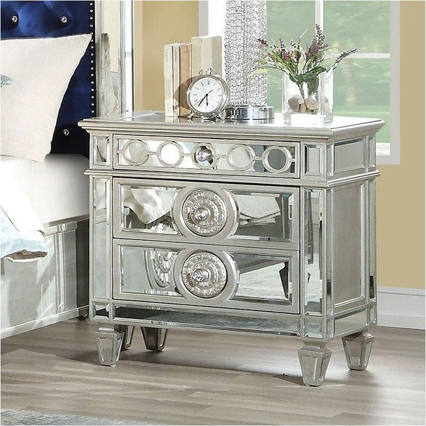 English Elm Glam Mirrored Nightstand with 2 Drawers and Crystal Knobs, Tapered Legs and Geometric Accents — Elegant Bedroom Storage Clear 22 L x 35 W x 29 H B2741P324362