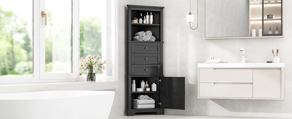 English Elm Black Triangle Tall Cabinet with 3 Drawers, Adjustable Shelf, Painted MDF, Anti-Tip, Stylish Storage N725P247409B