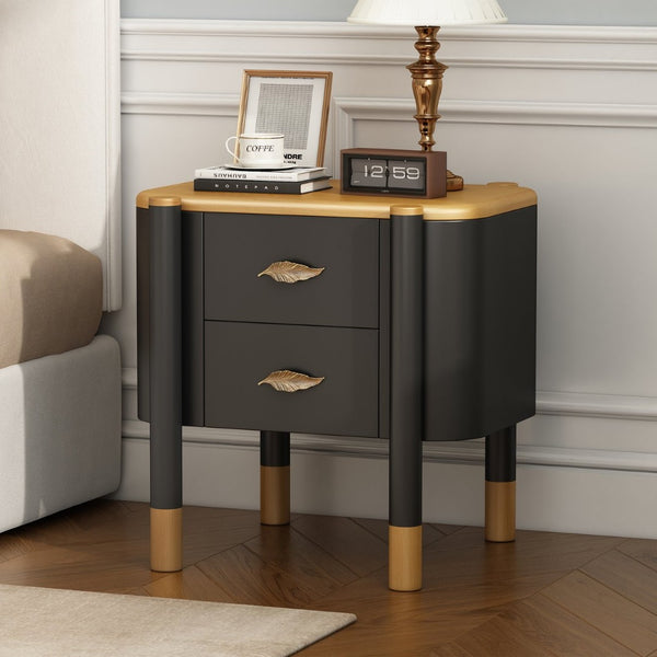 English Elm Contemporary Two Drawer Nightstand Curved Profile Feather Handles Exposed Legs Bedroom Black N761P285711B