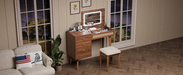 English Elm 39" Retro Bohemian Vanity Desk with Flip-Top Mirror & LED Lights, Rattan Drawers, 3-Drawer Storage, Walnut Finish N733P361800D
