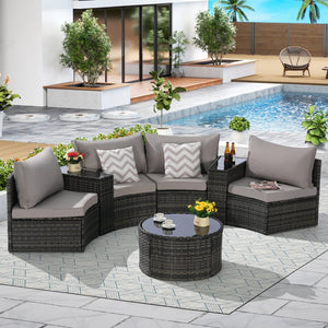 English Elm Outdoor Half Moon Sectional Set 7 Piece Rattan Sofa with Tempered Glass Coffee Table Light Gray W874S00042