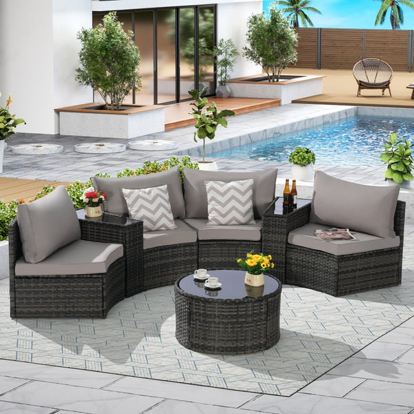 English Elm Outdoor Half Moon Sectional Set 7 Piece Rattan Sofa with Tempered Glass Coffee Table Light Gray W874S00042