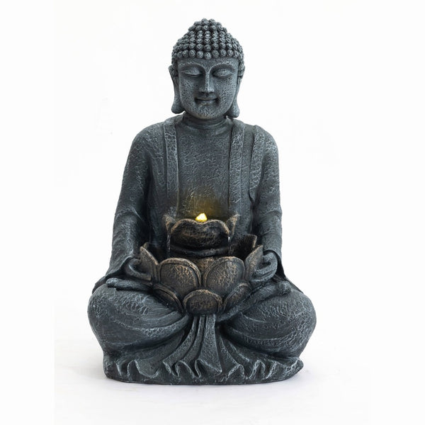 English Elm Zen-style Buddha Fountain Two Tier Lotus Polyresin Led Garden Patio Decor W853P412663