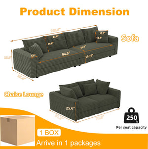 English Elm 102.4 Inch Plush Corduroy Cloud Sofa Deep Seat Four Person Convertible Lounge for Living Room Green W1885S00341