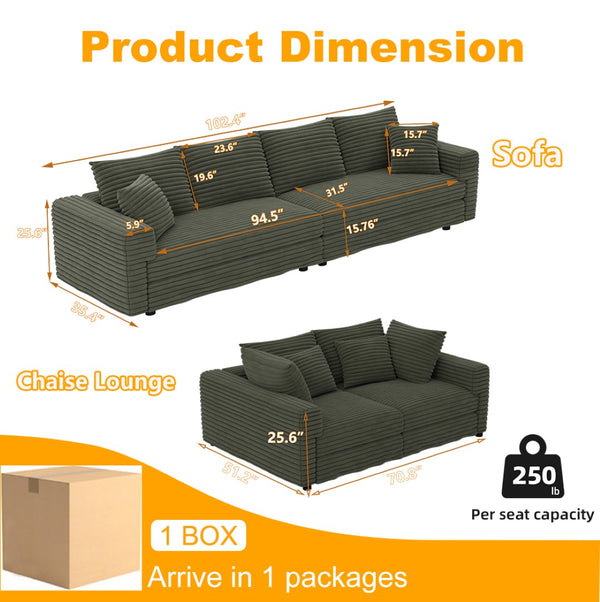 English Elm 102.4 Inch Plush Corduroy Cloud Sofa Deep Seat Four Person Convertible Lounge for Living Room Green W1885S00341