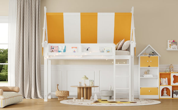 English Elm Twin Solid Wood Loft Bed with Led Lights Canopy Bookshelf for Kids Bedroom White N7090002241K