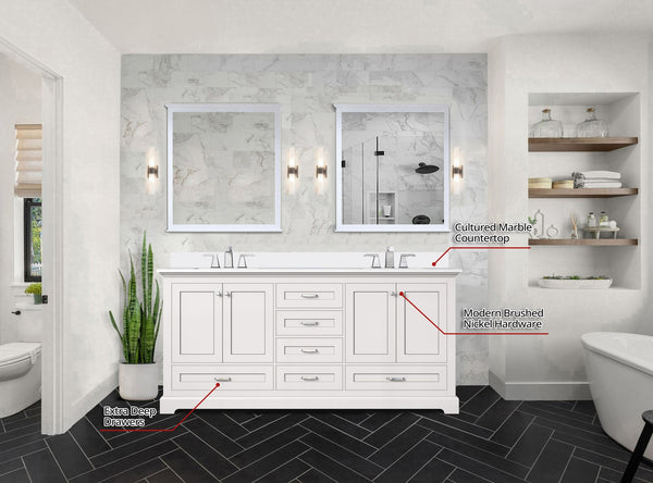 English Elm White 72" Double Bath Vanity with Cultured Marble Top, Solid Wood Frame, Soft-Close Drawers, Storage B2731P258392
