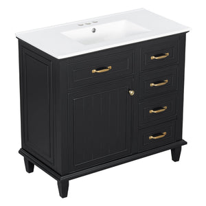 English Elm 36 Inch Bathroom Vanity With Ceramic Sink Top, Solid Wood Frame & Smart Storage Solutions For Style N725P336554B